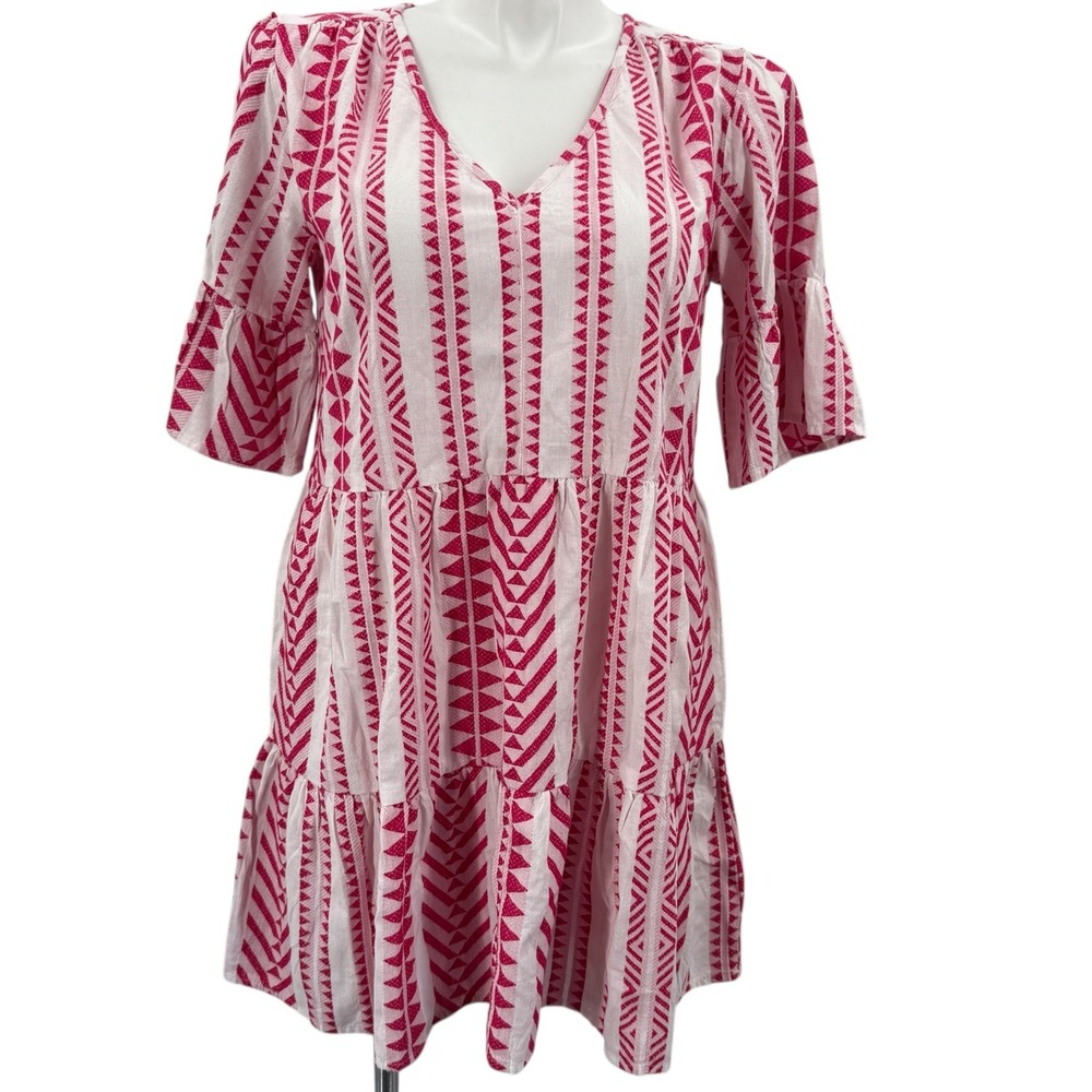 Velvet by Graham & Spencer Tiered Mini Dress V-Neck‎ Pink White Large